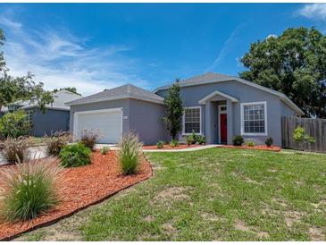 Charming single-Gathering home featuring well-kept lawn, mulched flowerbeds, a garage and a striking red front door at 411 Ryans Ridge Ave, Eustis, FL 32726