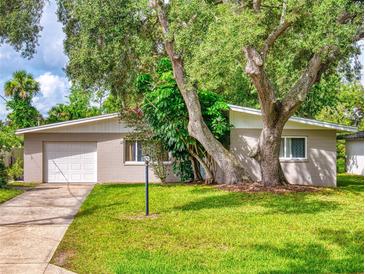 Charming single-story home with mature trees, a well-maintained lawn, and an attached garage at 5476 W Bayshore Dr, Port Orange, FL 32127