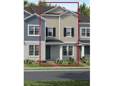 Charming two-story townhome with gray siding, black shutters, and a well-manicured front yard at 1463 Alston Bay Blvd, Apopka, FL 32703