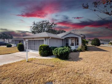 Cute one-story home with gray siding, screened-in garage, and a well-maintained lawn at 20505 Queen Alexandra Dr, Leesburg, FL 34748