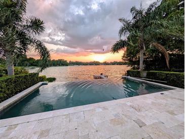 Stunning infinity pool overlooking a serene lake at sunset, surrounded by lush greenery and palm trees at 1010 Strathmore Dr, Orlando, FL 32806