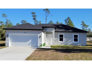 Newly constructed one-story home with gray exterior and a two-car garage at 16941 Sw 30Th Avenue Sw Rd, Ocala, FL 34473