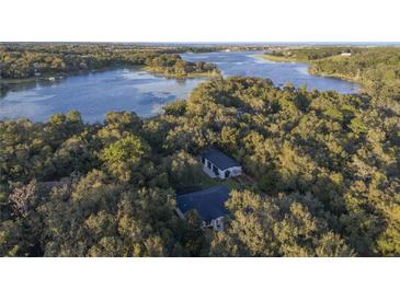 Aerial view of a home nestled in a wooded area near a lake at 17577 Davenport Rd, Winter Garden, FL 34787