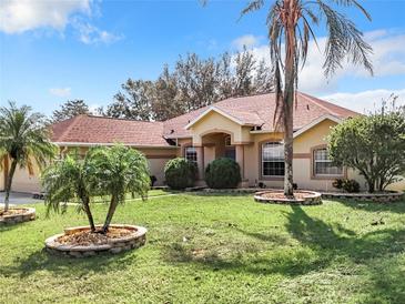 Single-story home with attached garage, landscaping, and palm trees at 10324 Pleasant View Dr, Leesburg, FL 34788