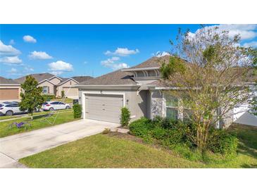 Single-story home with gray siding, attached garage, and landscaped yard at 1162 Alder Tree Dr, Apopka, FL 32703