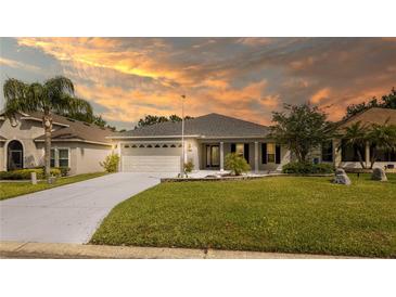 Charming single-story home with a well-manicured lawn, gray roof, and a two-car garage at 4245 Arlington Ridge Blvd, Leesburg, FL 34748