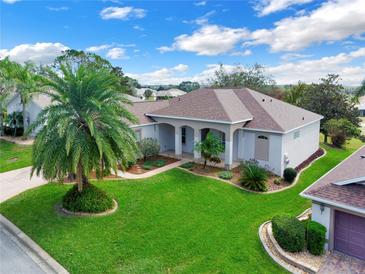 Well-manicured lawn and landscaping highlight this single-story home with neutral paint and covered front entry at 4538 Nottoway Dr, Leesburg, FL 34748