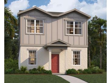 Two-story home with gray siding and a red front door at 434 Belmond Dr, Debary, FL 32713