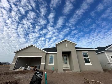 Newly constructed home with gray exterior, two-car garage, and covered entryway at 5385 Park Guell St, Saint Cloud, FL 34771