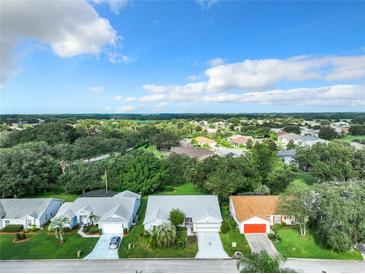 Aerial view of a residential neighborhood showcasing houses and lush green spaces at 3904 Plantation Blvd, Leesburg, FL 34748