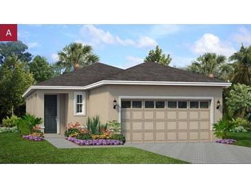 Charming single-story home with a large garage, well-maintained lawn, and beautiful landscaping at 9116 Wildlight Trl, Wildwood, FL 34785