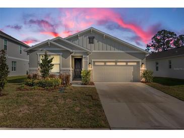 One-story home with gray siding, stone accents, and a two-car garage at 10157 Spring Lake Dr, Clermont, FL 34711
