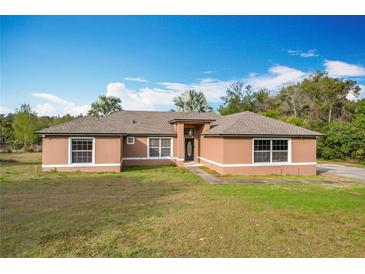 Charming single-story home with tan exterior, white trim, and a well-manicured lawn and landscaping at 24217 Adair Ave, Sorrento, FL 32776