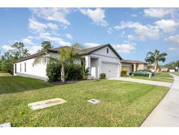 Well-maintained one-story home with green lawn, tidy landscaping, and a two-car garage under a sunny blue sky at 538 Stowers Dr, New Smyrna Beach, FL 32168