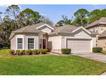 One-story house with a red door, two-car garage, and manicured lawn at 11350 Cypress Trail Dr, Orlando, FL 32825