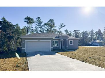 Newly constructed home with gray exterior, white garage door, and a driveway at 13375 Sw 63Rd Ave, Ocala, FL 34473