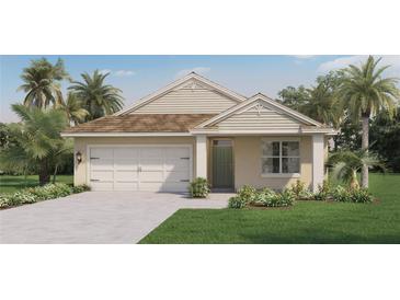 One-story home with a two-car garage, light beige siding, and landscaping at 5808 Galloping Dr, Apopka, FL 32712