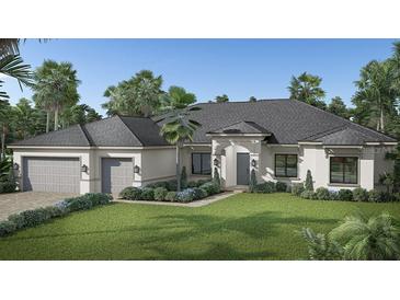 Single-story home with gray roof, attached garage, and landscaped lawn at Lot 35 Yellowleaf Circle, Orlando, FL 32820