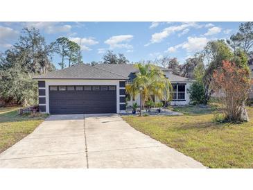 White house with dark gray garage door, landscaping, and driveway at 34514 S Haines Creek Rd, Leesburg, FL 34788