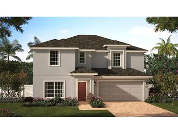 Two-story house with gray siding, brown roof, and a two-car garage at 2590 Launchpad Ave, Saint Cloud, FL 34769