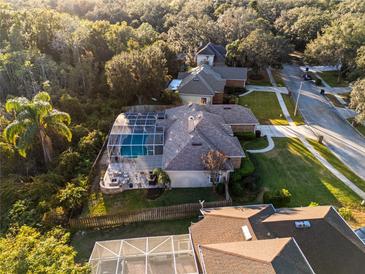 Aerial view of house with pool, showcasing backyard and neighborhood setting at 9451 Brownwood Ct, Oviedo, FL 32765