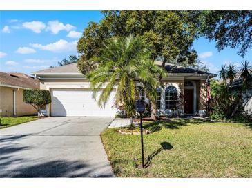 Tan house with white garage door, palm trees, and manicured lawn at 3427 Kayla Cir, Oviedo, FL 32765