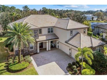 Two-story house with tile roof, stone accents, and palm trees in the front yard at 14442 Avenue Of The Rushes, Winter Garden, FL 34787