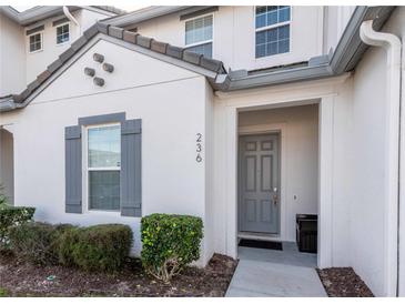 Front view of a two-story townhome with gray door and shutters at 236 Captiva Dr, Davenport, FL 33896