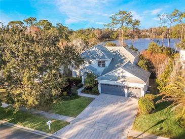 Two-story house with lake view, large driveway, and lush landscaping at 10125 Canopy Tree Ct, Orlando, FL 32836