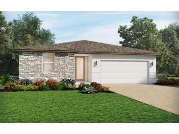 One-story home with stone accents, two-car garage, and landscaped lawn at 4508 Windy Oak Way, St Cloud, FL 34772