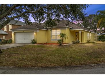 Charming single-story home with a well-manicured lawn, attached garage, and inviting front entrance at 1685 Waterview Loop, Haines City, FL 33844