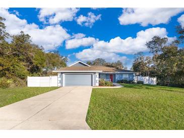 Cute blue house with a gray garage and a spacious lawn at 4089 Sw 133Rd Loop, Ocala, FL 34473