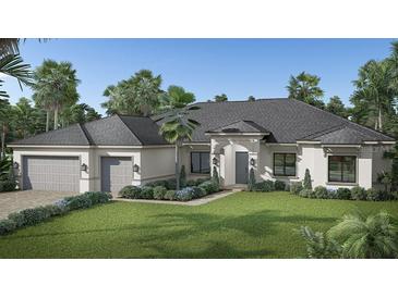 Single-story home with gray roof, two-car garage, and landscaped lawn at Lot 12 Yellowleaf Cir, Orlando, FL 32820