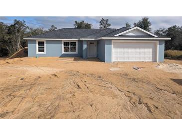 Newly constructed light blue house with a white garage door and sandy landscaping at 5 Emerald Trail Pl, Ocala, FL 34472