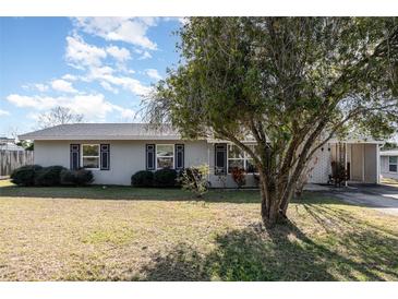 Ranch-style home with gray exterior, landscaping, and large tree at 1074 Gerona Ave, Deltona, FL 32725