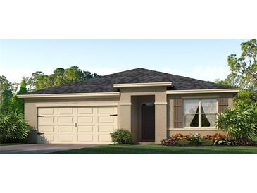 One-story house with a two-car garage, landscaping, and a neutral color scheme at 11143 Amber Ridge Dr, Zellwood, FL 32798