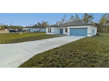 Charming single-Gathering home featuring a blue garage door, inviting entrance and a well manicured lawn at 13094 Sw 77Th Ave, Ocala, FL 34473