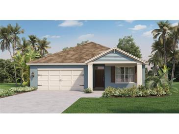 One-story home with light blue siding, white garage door, and landscaping at 5489 Hayloft Dr, Apopka, FL 32712