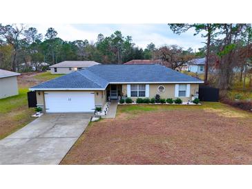 One-story house with a blue roof, white garage door, and landscaped front yard at 6928 Sw 152Nd St, Ocala, FL 34473