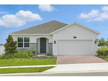 Inviting single-story home with a well-manicured lawn and a two-car garage showcasing a blend of modern architecture at 27469 Black Kite Ave, Howey In The Hills, FL 34737
