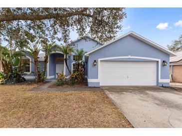 Light blue house with white garage door and landscaping at 148 Imperial Oak Ct, Davenport, FL 33896