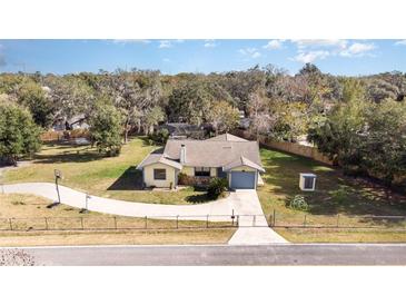 Aerial view of a single-story house with a large backyard and basketball court at 16036 3Rd St, Umatilla, FL 32784