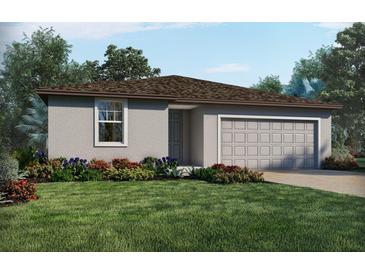 One-story home with gray siding, brown roof, and landscaped yard at 2361 White Tail St, Davenport, FL 33837