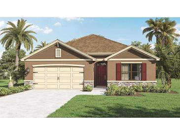 One-story home with brown siding, beige garage door, and red shutters at 2798 Portadown St, Ormond Beach, FL 32174