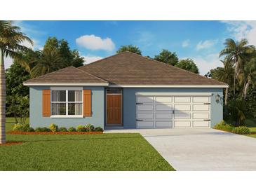 One-story home with light blue exterior, brown roof, and a two-car garage at 2986 Salisbury Ave, Haines City, FL 33844