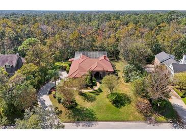 Aerial view of a luxurious home with a tile roof, lush landscaping, and a large backyard at 10 Broadwater Dr, Ormond Beach, FL 32174