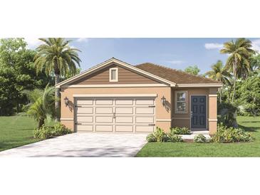 One-story house with brown and tan siding, two-car garage, and landscaping at 7061 Carib Grackle Dr, St Cloud, FL 34773