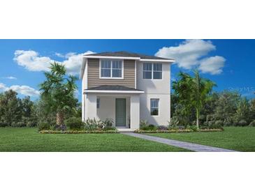 Two-story home with light gray siding, green door, and walkway at 1741 Crowncrest Dr, Apopka, FL 32703