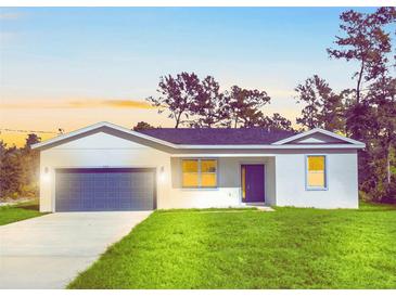 Newly constructed one-story home with a two-car garage and grassy lawn at 18 Malauka Pass Ter, Ocklawaha, FL 32179