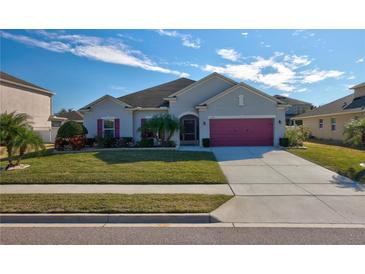 Single-story house with a gray exterior, pink garage door, and well-manicured lawn at 2518 Hayden Valley St, Apopka, FL 32703